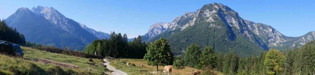 Auf dem Almerlebnisweg zur Mordaualm mit Blick zum Watzmann