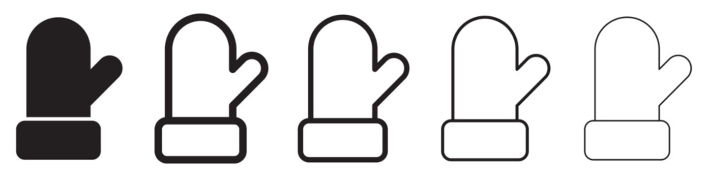 Mitten icon,. Set of mittens icons in flat linear design. Vector illustration. Black icons of winter mittens