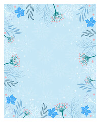 Fototapeta na wymiar Merry Christmas greeting card in an elegant, modern and classic style with leaves, flowers on a blue, winter background.