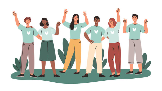 Group of volunteers. Kind characters stand together, hug and wave their hands. Charity and donations. People help those in need. Cartoon flat vector illustration isolated on white background
