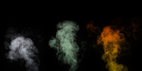 A set of multi-colored different vapors, smoke on a black background to overlay on your photos. Perfect orange, gray, green smoke, steam, fragrance, incense for your photos.