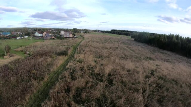 flying on an fpv drone behind a horse, a girl on a horse, in a green field, against the background of a forest, bushes, trees, blue sky, white clouds