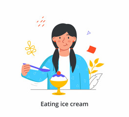 Woman eats ice cream. Female character sitting at table and holding spoon with delicious cold dessert. Lover of sweet. Young girl in cafe. Cartoon flat vector illustration isolated on white background