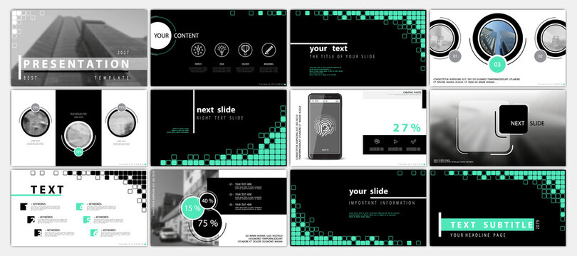 Green, black, powerpoint, elements for infographics on a white background. Presentation templates. Presentation, flyer and postcard, corporate report, marketing, advertising, annual report, banner