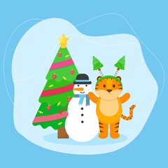  This is a card with a cute tiger. Vector winter illustration.