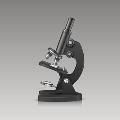 Vector 3d Realistic Black Laboratory Microscope Isolated. Chemistry, Biology Tool. Science, Lab, Research, Education Infographics. Design Template