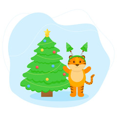 Naklejka premium This is a card with a cute tiger. Vector winter illustration.