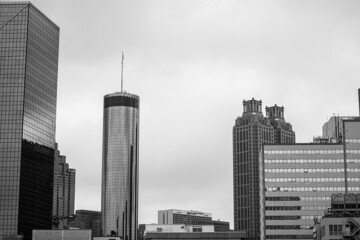 skyline of the City of Atlanta Georgia downtown with skyscrapers and storm clouds in background