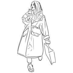 Outline sketch of a girl in a coat and sneakers with paper shopping bag. Line art vector illustration.
