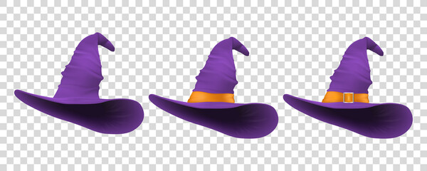 Three Purple Hats. Vector 3d Realistic Cartoon Halloween Witch Hat Icon Set Closeup Isolated. Front View. Design Template of Witches Hat. Autumn Holidays, Halloween Concept