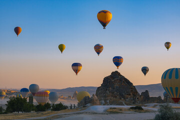 Hot air balloons and fairy chimneys in Cappadocia Turkey
