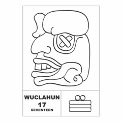 Vector icon with Mayan numerals. Mayan head glyph Wuclahun and maya symbol number seventeen