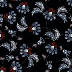 Vector floral background in ethnic style. Elegant hand drawn texture with creative flowers, buds, leaves. Modern ornament in red, blue and black. Stylish abstract background. Repeating design