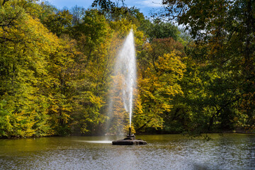 Famous fountain "Serpent" in the autumn park. Uman, Ukraine.