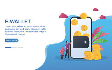 Illustration concept of e-wallet with a wallet filled with wallet on the screen and coins.