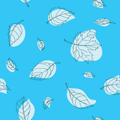 monochrome outline maple leaves in sky blue background. Seamless vector pattern