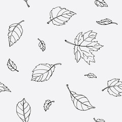black and white outline maple leaves. Seamless vector pattern