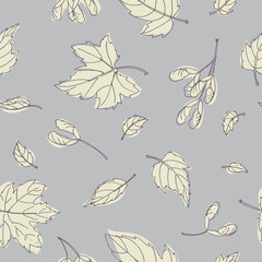 Warm gray maple leaves in cold gray background. Seamless vector pattern