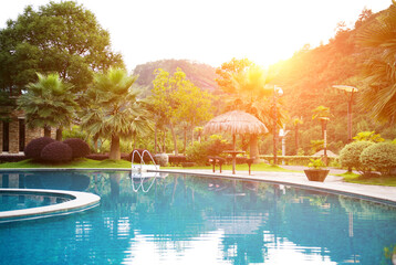 Modern backyard with swimming pool.