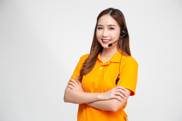 Portrait of happy smiling asian woman telemarketing operator in orange delivery uniform with...