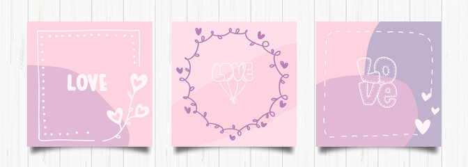 Set of love greeting cards in retro style. Vintage abstract design template with pink and purple love romantic card. Cute vector illustration. Wedding frame. Modern holiday background