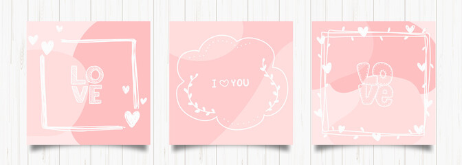 Set of love greeting cards in retro style. Vintage abstract design template with pink love romantic card. Cute vector illustration. Wedding frame. Modern holiday background