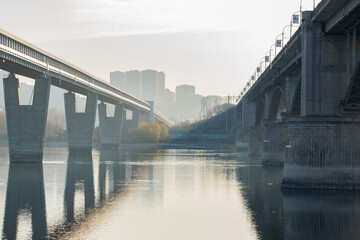 NOVOSIBIRSK, RUSSIA-17 October  2021: View of the city from the river. Smog air pollution 