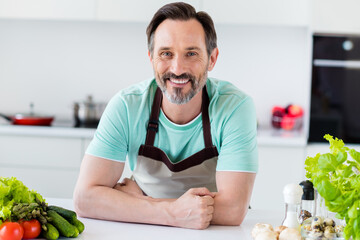 Photo of confident nice mature man shiny white smile posing wear apron blue t-shirt home kitchen indoors