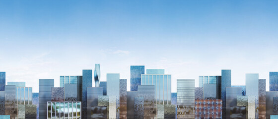 Illustration of business buildings skyline. Financial district with skyscrapers. Modern architecture of downtown. Seamless background with copy space.