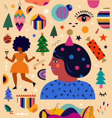 Vector holiday colourful set with dancing people, holiday symbols. Creative banner. Happy New Year and Merry Christmas collection. Carnival party