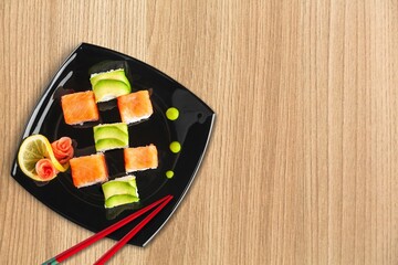 Tasty fresh sushi dish on the desk in the restaurant