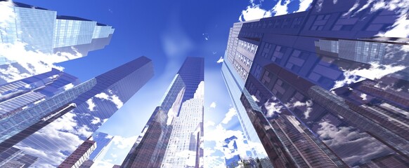 Skyscrapers, high-rise buildings from below against the background of the sky, cityscape, panorama of skyscrapers, 3D rendering © ustas
