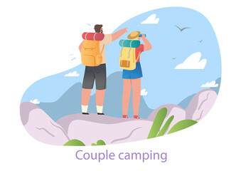 Mountain tourism concept. Couple climbed hill and admired beautiful landscape. Vacation in nature. Man and woman on hike. Cartoon modern flat vector illustration isolated on white background