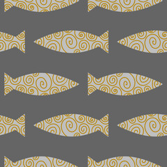 Fish seamless pattern design for print, t-shirt design, design element. Primitive drawing. Colored fish pattern.