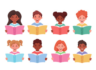 Children reading books. Little boys and girls of different nationalities with books. Vector illustration