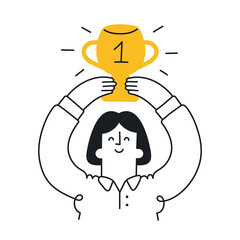 Happy woman holding winning trophy. Victory, competition, championship, winning, success, achieving the goal concept. Outline, linear, thin line, doodle art. Simple style with editable stroke.