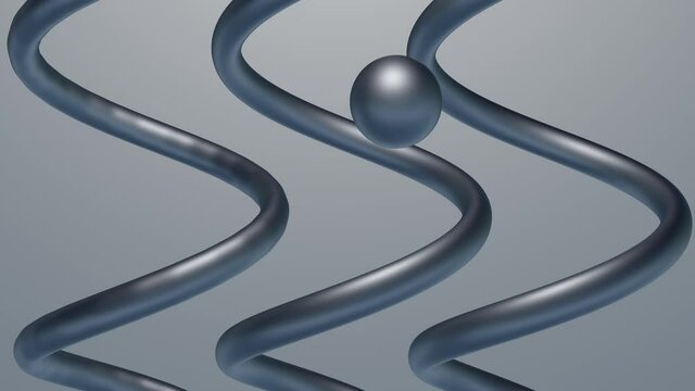 Technical plaything, three vertical spirals in infinite motion, 3 silver metal balls float upwards, merge into one sphere, which falls and splits again into three balls. The metal behaves