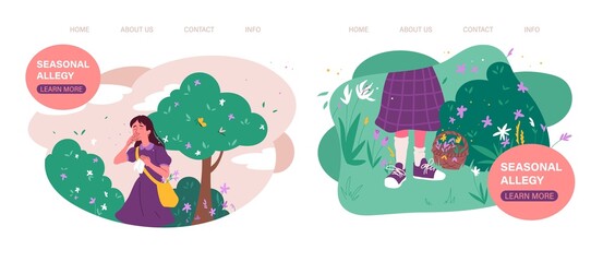 Seasonal allergy concept. Girl sneezes because of pollen of plants. Seasonal deterioration of health, rhinitis. Landing page template. Cartoon flat vector collection isolated on white background