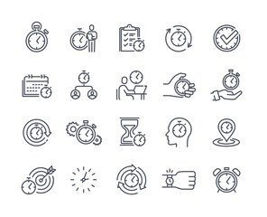Clock icons collection. Minimalistic stickers with alarm clock, deadline, working time and pastime. Metaphor for time management. Cartoon flat vector set of illustrations isolated on white background