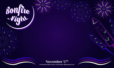 Bonfire Night Flayer. Guy Fawkes Day Background or Greeting Card Design. With gunpowder, fireworks, and bonfire icon. Premium vector template