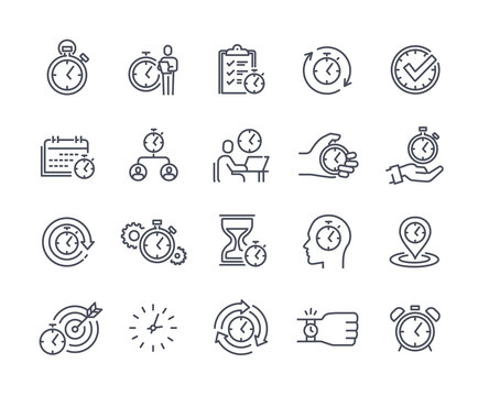 Clock icons collection. Minimalistic stickers with alarm clock, deadline, working time and pastime. Metaphor for time management. Cartoon flat vector set of illustrations isolated on white background