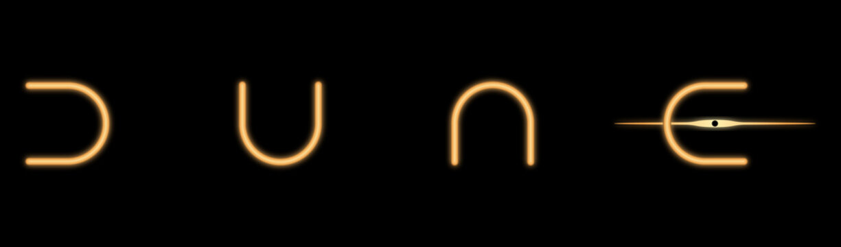 Vinnytsia, Ukraine - October 18, 2021: Emblem Of Dune Movie. Stylized Golden Text Isolated On Dark Background