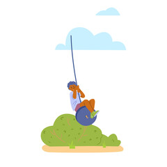 Cute little boy playing on bungee swing, flat vector illustration isolated.