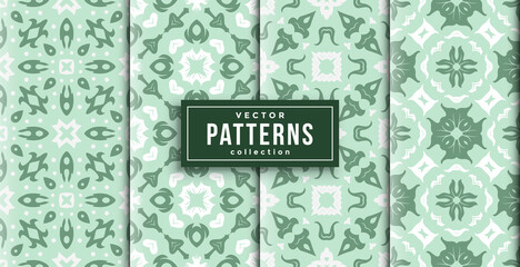 pattern batik style green and white colors set of four. seamless background set