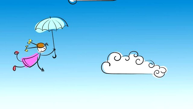 A girl with an umbrella flies against a blue sky with white clouds. Looped animation of the drawn character in the style of grandfather's drawing. High resolution 4K cartoon.