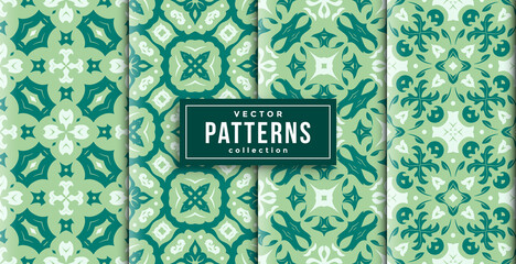 pattern batik style green and white colors set of four. seamless background set