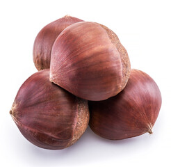 Raw peeled edible chestnut fruits isolated on white background.