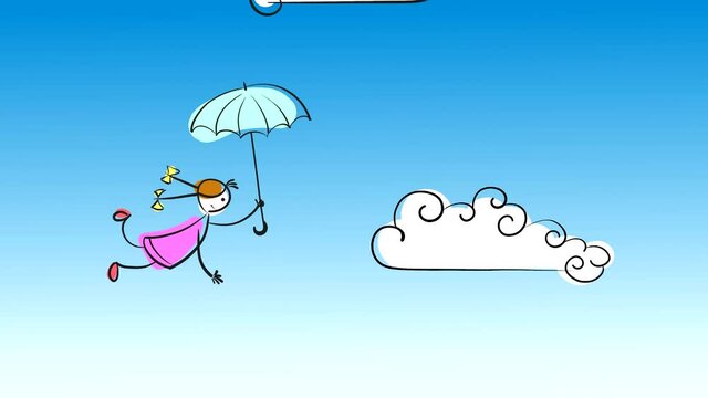A girl with an umbrella flies against a blue sky with white clouds. Looped animation of the drawn character in the style of grandfather's drawing. High resolution 4K cartoon.