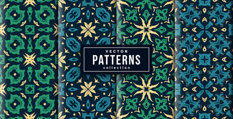 pattern batik style green and blue colors set of four. seamless background set