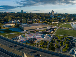 A new skate park in Kazan. Extreme park for entertainment. View from above